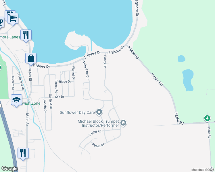 map of restaurants, bars, coffee shops, grocery stores, and more near 9098 Posey Drive in Whitmore Lake