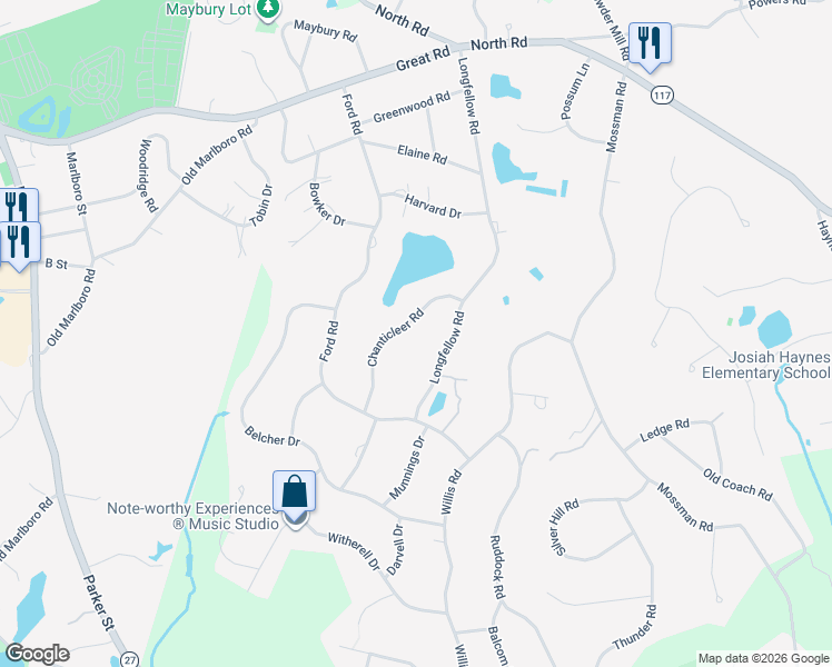 map of restaurants, bars, coffee shops, grocery stores, and more near 48 Chanticleer Road in Sudbury
