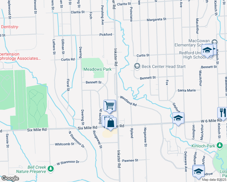 map of restaurants, bars, coffee shops, grocery stores, and more near 17451 Hizmet Drive in Livonia
