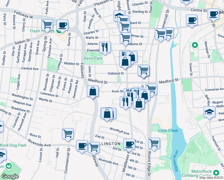 map of restaurants, bars, coffee shops, grocery stores, and more near 107 Avon Street in Malden