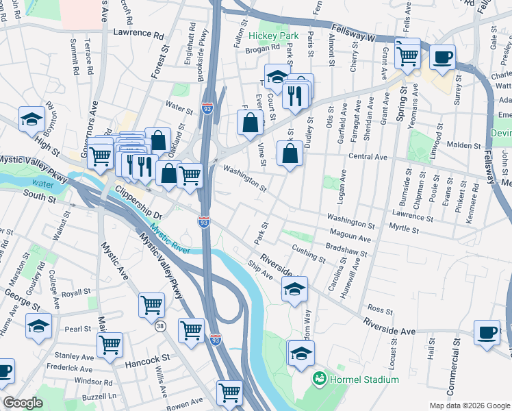 map of restaurants, bars, coffee shops, grocery stores, and more near 44 Pleasant Street in Medford