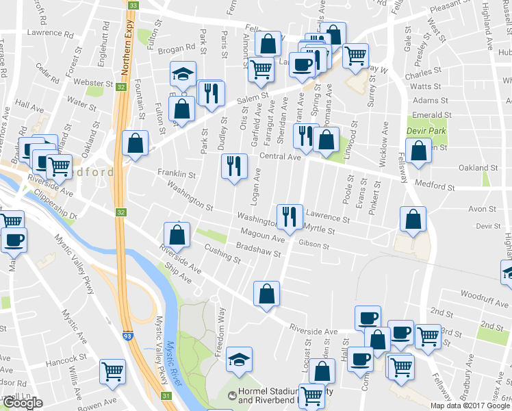 map of restaurants, bars, coffee shops, grocery stores, and more near 13 Logan Avenue in Medford