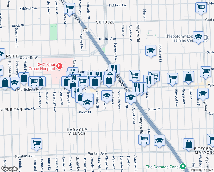 map of restaurants, bars, coffee shops, grocery stores, and more near 13140 West McNichols Road in Detroit