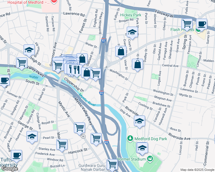 map of restaurants, bars, coffee shops, grocery stores, and more near 25 Daniels Street in Medford