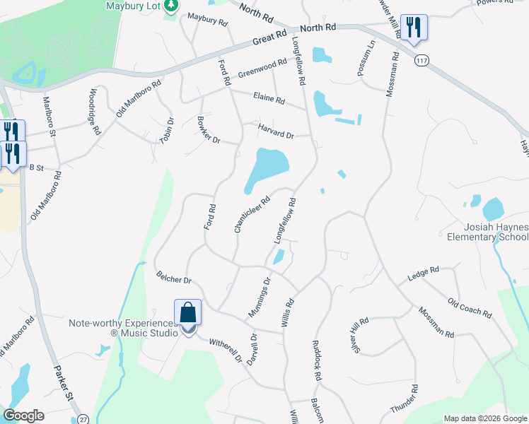 map of restaurants, bars, coffee shops, grocery stores, and more near 48 Chanticleer Road in Sudbury