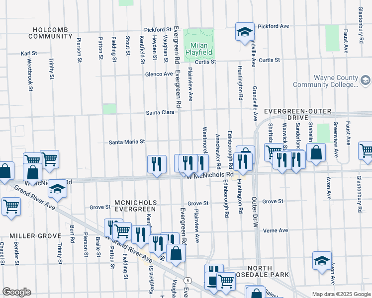 map of restaurants, bars, coffee shops, grocery stores, and more near 17224 Evergreen Road in Detroit
