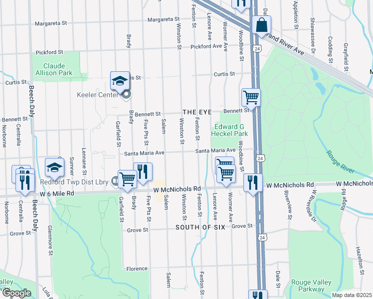 map of restaurants, bars, coffee shops, grocery stores, and more near 17315 Fenton Street in Detroit
