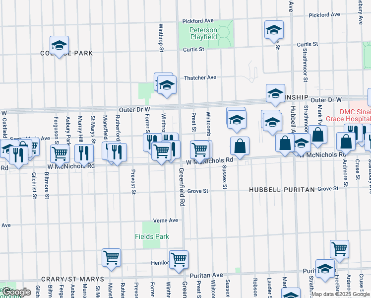 map of restaurants, bars, coffee shops, grocery stores, and more near 17160 Greenfield Road in Detroit