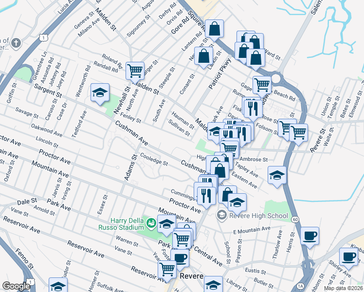 map of restaurants, bars, coffee shops, grocery stores, and more near 101 High Street in Revere