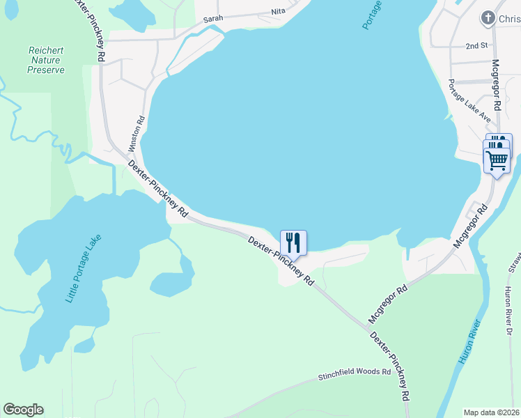 map of restaurants, bars, coffee shops, grocery stores, and more near 9136 Dexter-Pinckney Road in Pinckney