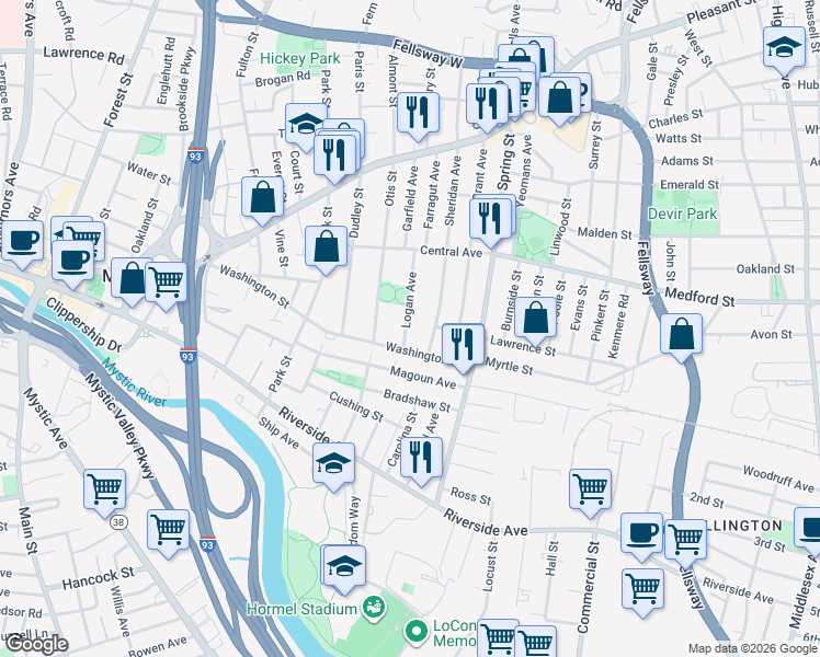 map of restaurants, bars, coffee shops, grocery stores, and more near 15 Logan Avenue in Medford