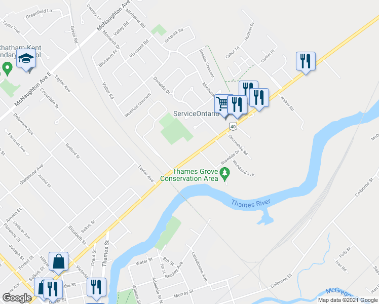 map of restaurants, bars, coffee shops, grocery stores, and more near 373 Grand Avenue East in Chatham-Kent