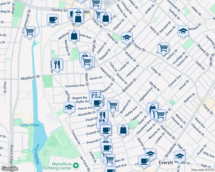 map of restaurants, bars, coffee shops, grocery stores, and more near 66 Appleton Street in Malden