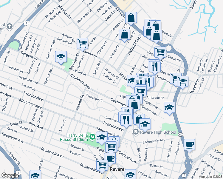 map of restaurants, bars, coffee shops, grocery stores, and more near 101 High Street in Revere