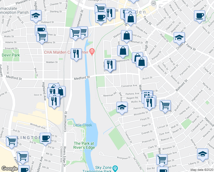 map of restaurants, bars, coffee shops, grocery stores, and more near 95 Converse Avenue in Malden