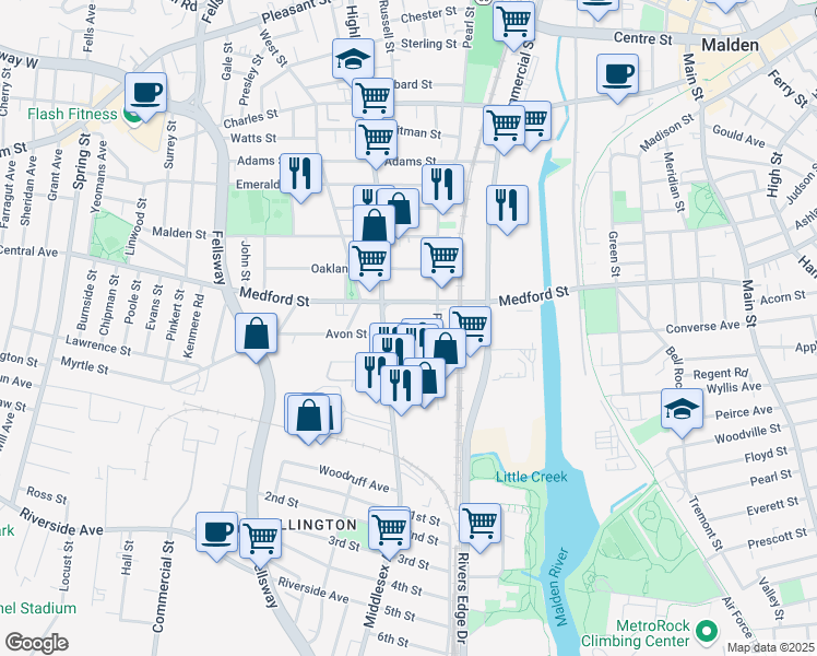 map of restaurants, bars, coffee shops, grocery stores, and more near 43-45 Avon Street in Malden