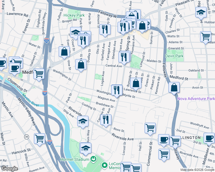 map of restaurants, bars, coffee shops, grocery stores, and more near 6 Lawrence Street in Medford