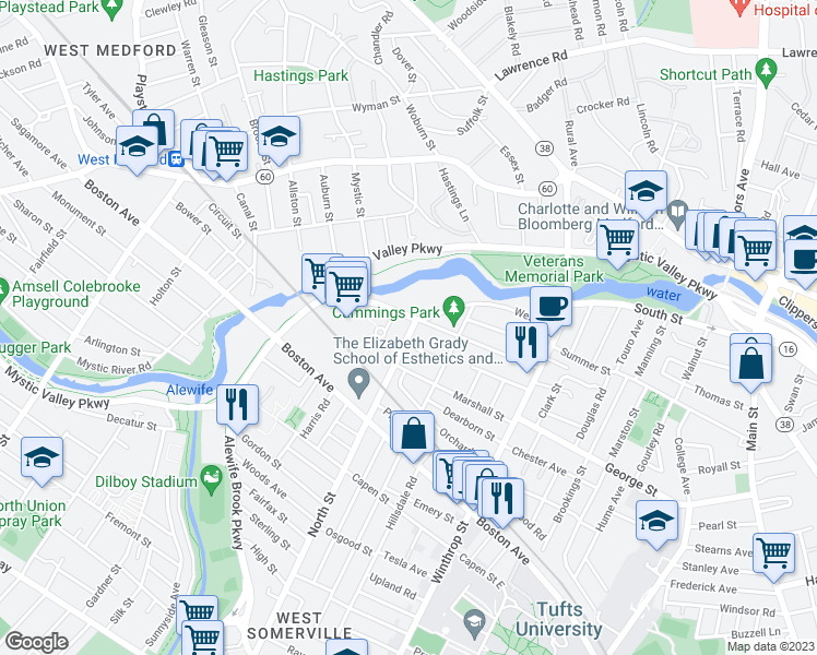 map of restaurants, bars, coffee shops, grocery stores, and more near 3 North Street in Medford