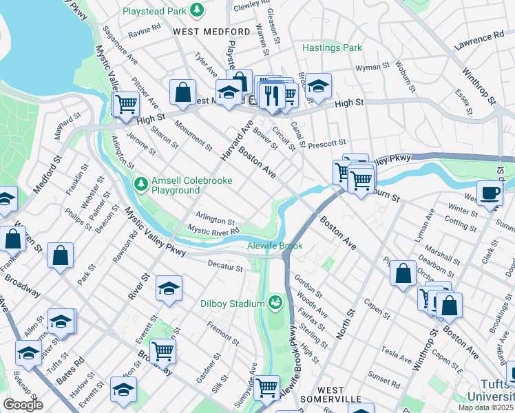 map of restaurants, bars, coffee shops, grocery stores, and more near 210 Arlington Street in Medford