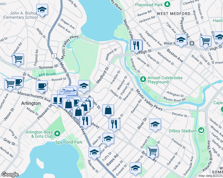 map of restaurants, bars, coffee shops, grocery stores, and more near 41-43 Philips Street in Arlington