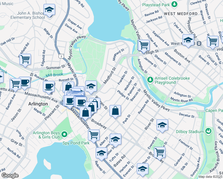 map of restaurants, bars, coffee shops, grocery stores, and more near 34 Lewis Avenue in Arlington