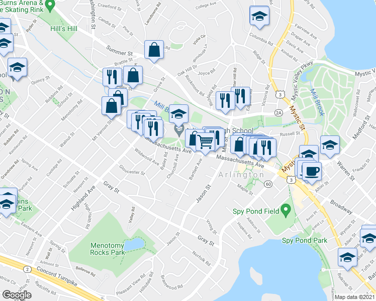 map of restaurants, bars, coffee shops, grocery stores, and more near 849 Massachusetts Avenue in Arlington