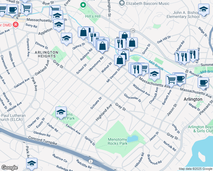 map of restaurants, bars, coffee shops, grocery stores, and more near 5 Scituate Street in Arlington