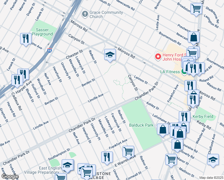 map of restaurants, bars, coffee shops, grocery stores, and more near 5918 Radnor Street in Detroit