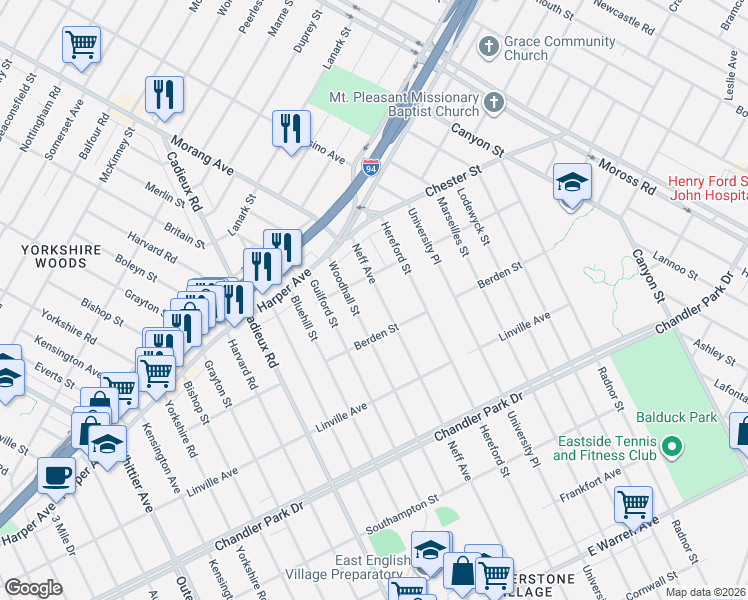 map of restaurants, bars, coffee shops, grocery stores, and more near 6200 Woodhall Street in Detroit