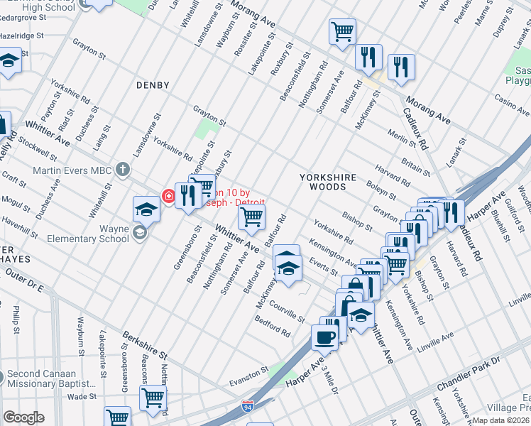 map of restaurants, bars, coffee shops, grocery stores, and more near 10416 Somerset Avenue in Detroit