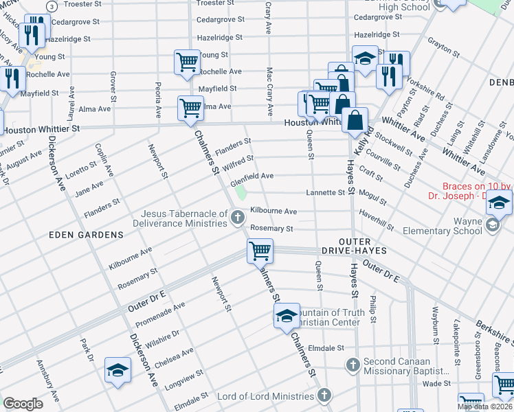 map of restaurants, bars, coffee shops, grocery stores, and more near 14459 Kilbourne Avenue in Detroit