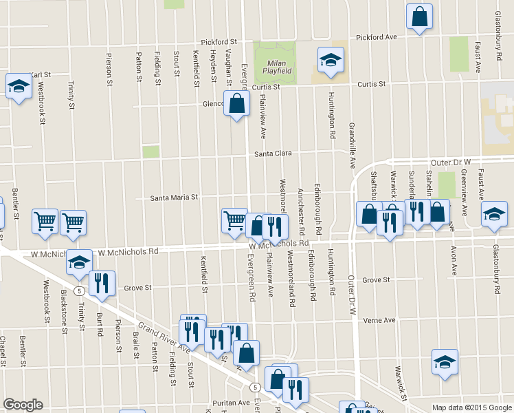 map of restaurants, bars, coffee shops, grocery stores, and more near 17224 Evergreen Road in Detroit