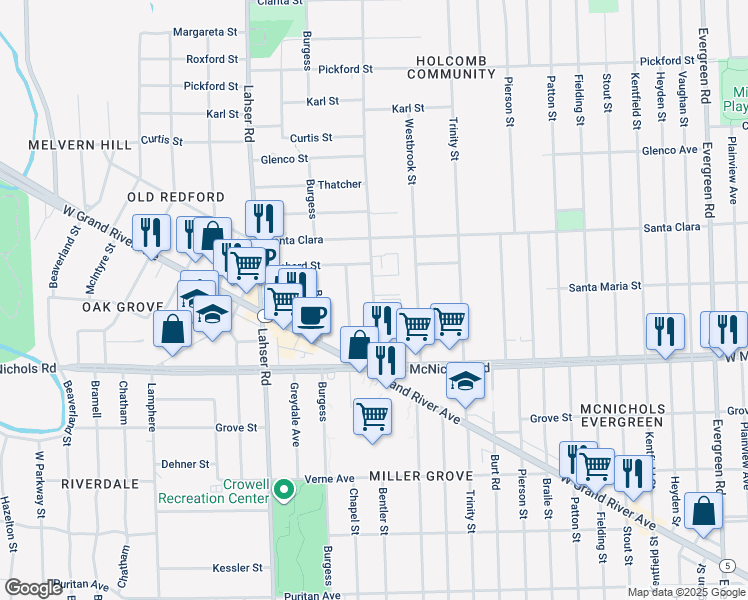 map of restaurants, bars, coffee shops, grocery stores, and more near 17251 Bentler Street in Detroit