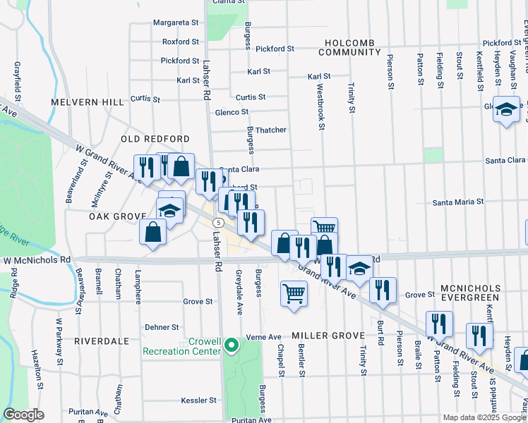 map of restaurants, bars, coffee shops, grocery stores, and more near 17270 Burgess in Detroit