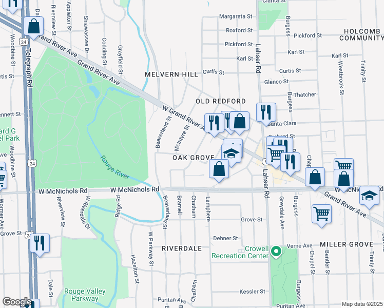 map of restaurants, bars, coffee shops, grocery stores, and more near 17315 Northrop Street in Detroit