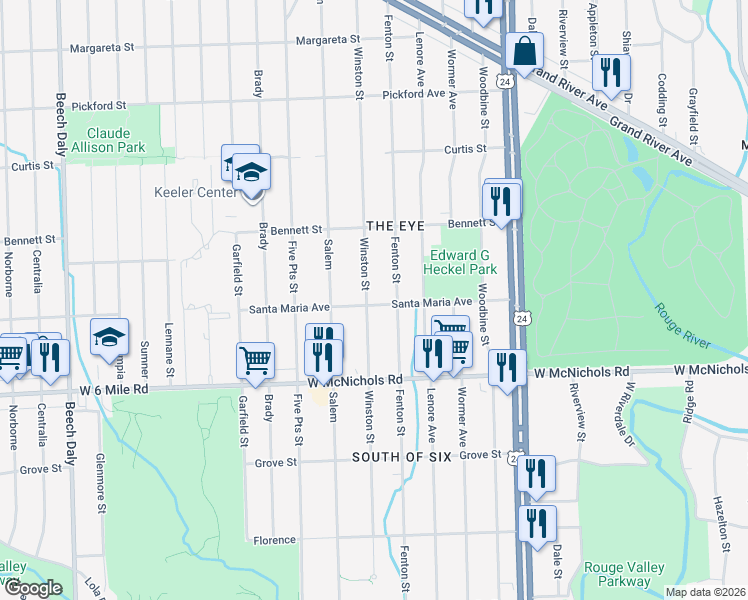 map of restaurants, bars, coffee shops, grocery stores, and more near 17315 Fenton Street in Detroit