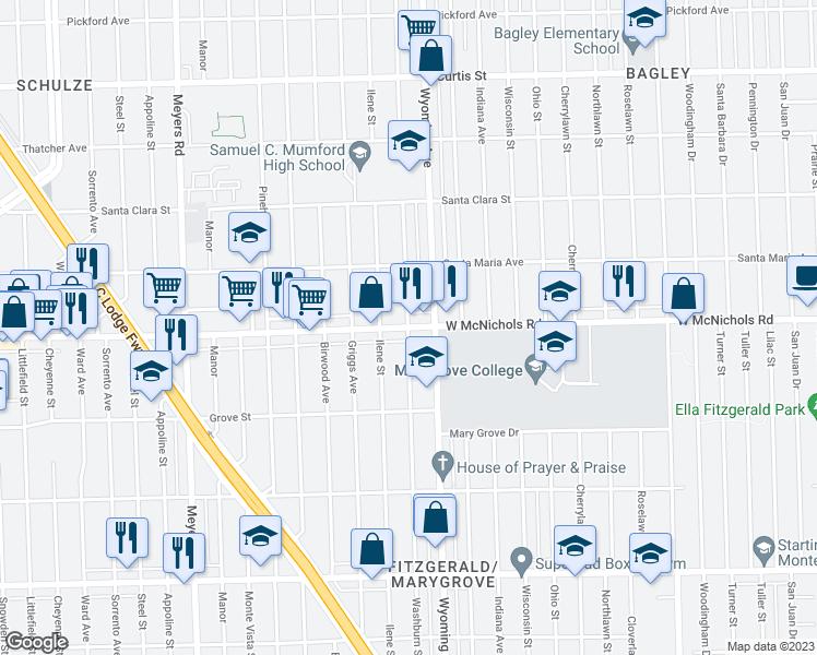 map of restaurants, bars, coffee shops, grocery stores, and more near McNichols Rd W & Washburn St in Detroit