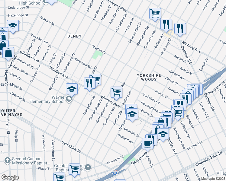 map of restaurants, bars, coffee shops, grocery stores, and more near 10468 Nottingham Road in Detroit