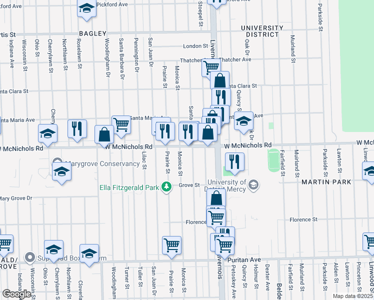 map of restaurants, bars, coffee shops, grocery stores, and more near 7121 W Mcnichols Rd in Detroit