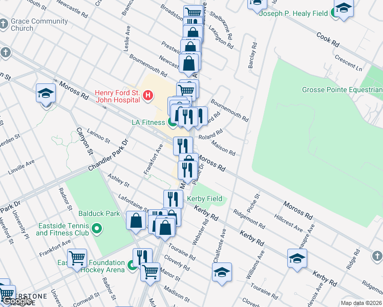 map of restaurants, bars, coffee shops, grocery stores, and more near Mack Ave & Moross Rd in Grosse Pointe Farms