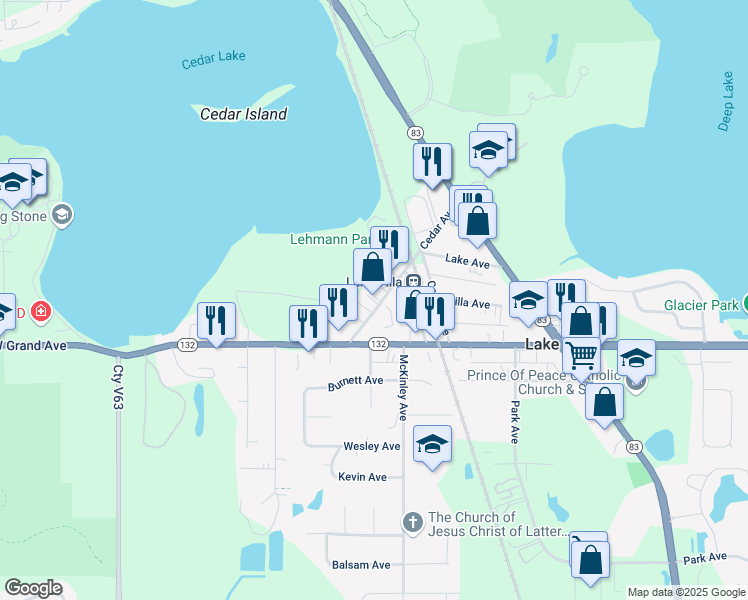map of restaurants, bars, coffee shops, grocery stores, and more near 90 Cedar Avenue in Lake Villa