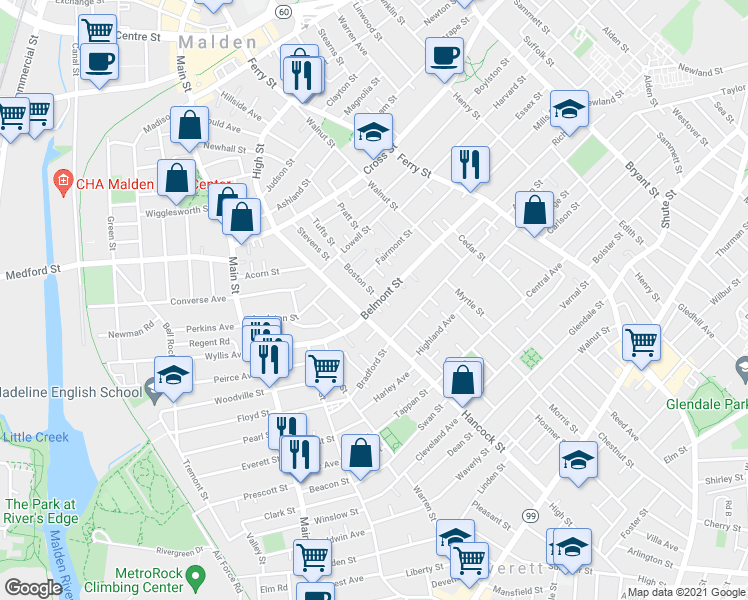 map of restaurants, bars, coffee shops, grocery stores, and more near 120-122 Belmont Street in Malden
