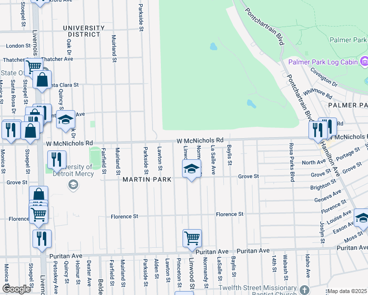 map of restaurants, bars, coffee shops, grocery stores, and more near 2601 McNichols Road in Detroit