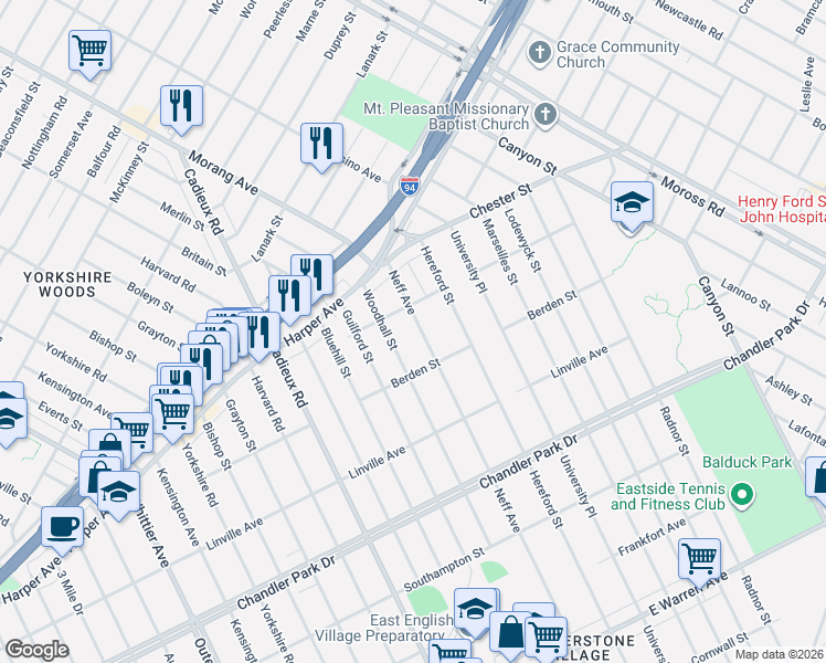 map of restaurants, bars, coffee shops, grocery stores, and more near 6200 Woodhall Street in Detroit