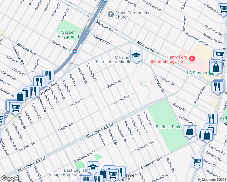 map of restaurants, bars, coffee shops, grocery stores, and more near 5974 Marseilles Street in Detroit