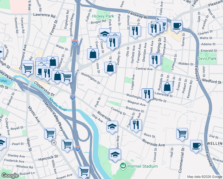 map of restaurants, bars, coffee shops, grocery stores, and more near 106 Washington Street in Medford