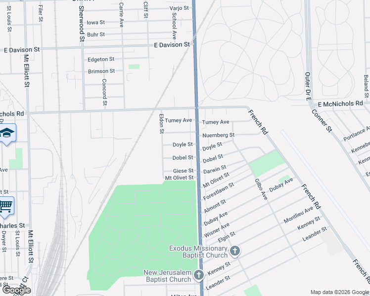 map of restaurants, bars, coffee shops, grocery stores, and more near 7586 Doyle Street in Detroit
