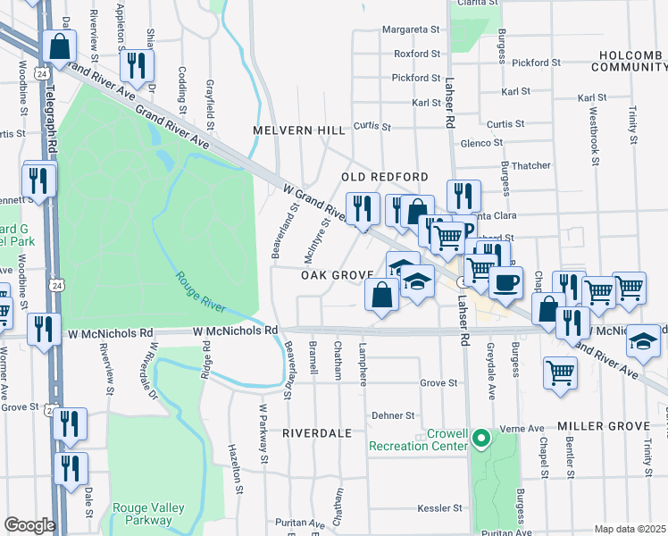 map of restaurants, bars, coffee shops, grocery stores, and more near 17315 Northrop Street in Detroit
