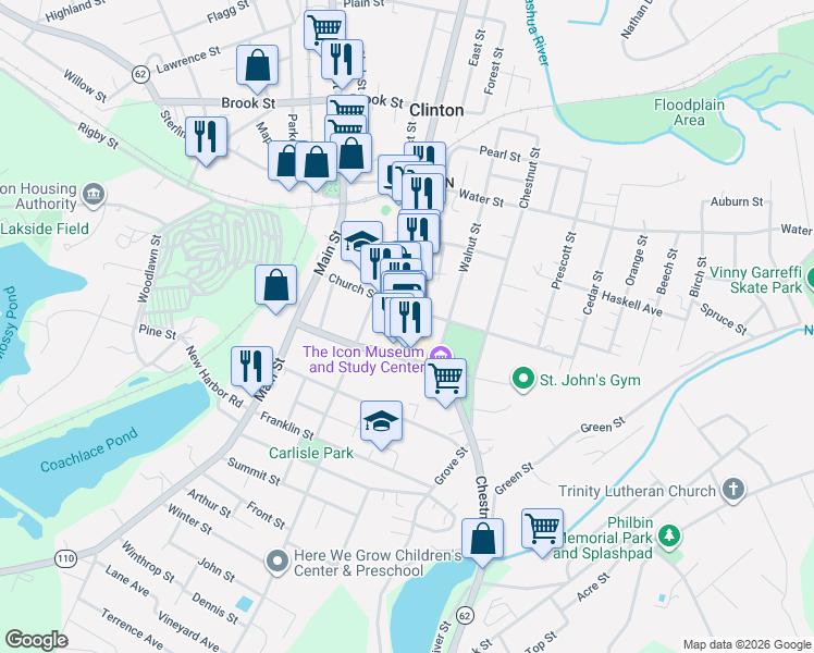 map of restaurants, bars, coffee shops, grocery stores, and more near 54 High St in Clinton