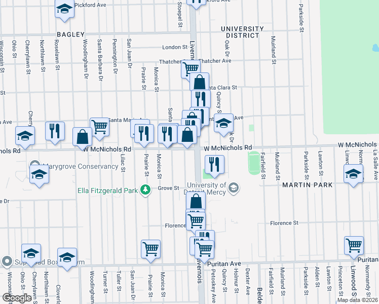 map of restaurants, bars, coffee shops, grocery stores, and more near 7021 West McNichols Road in Detroit